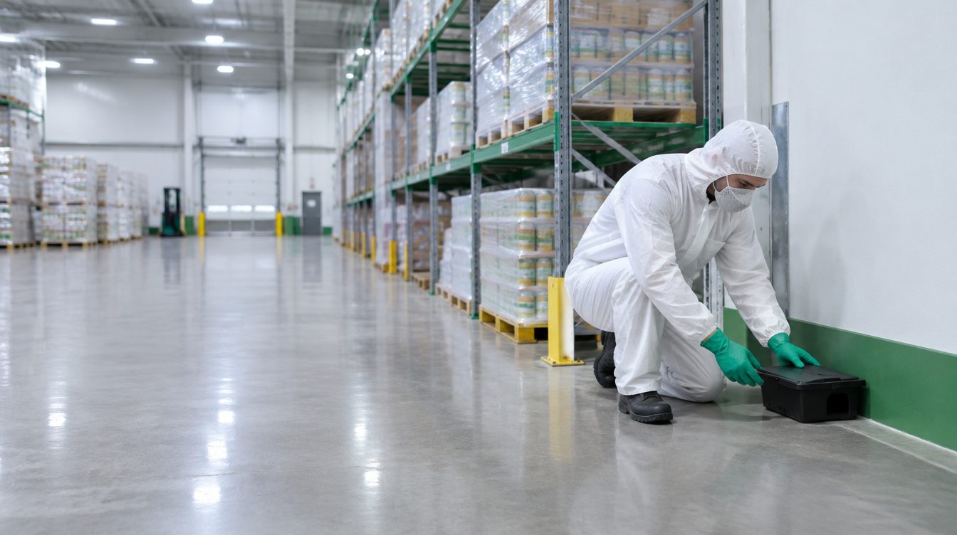Técnico de Sanitek colocando un cebo para roedores en un depósito
